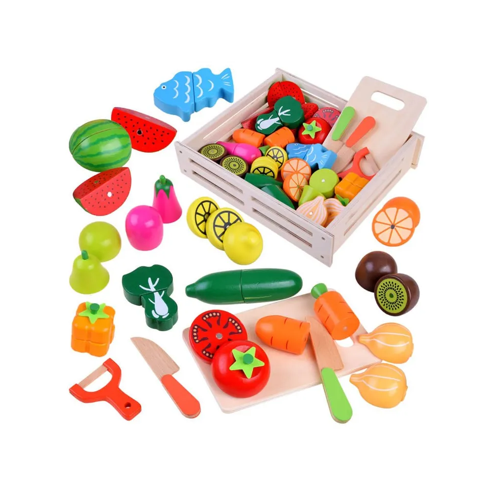 duży zestaw drewnianych warzyw i owoców do krojenia w skrzynce