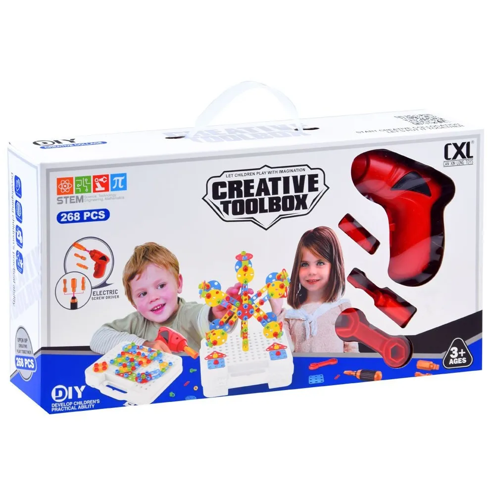 zestaw rozłożony, prezentujący wszystkie 268 części do zabawy