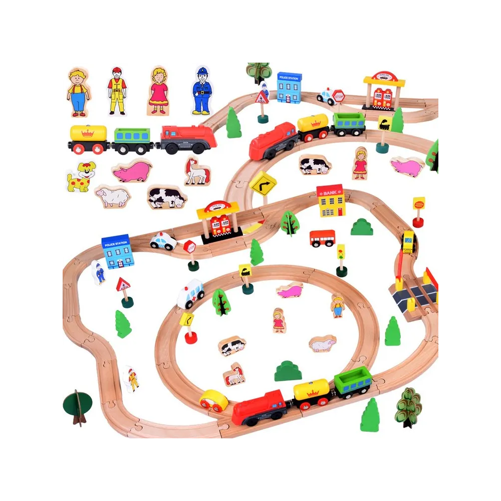 drewniana kolejka dziecięca z trasą i lokomotywą na baterie