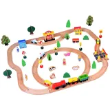 zestaw torów kolejowych z wagonikami i budynkami dla dzieci