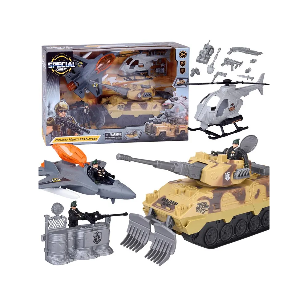 duży zestaw militarny z czołgiem, myśliwcem i helikopterem na tle opakowania
