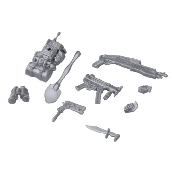 bogaty zestaw militarnych akcesoriów, takich jak karabiny, pistolety i granaty