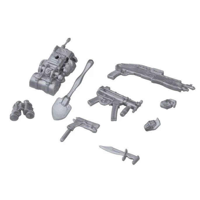 bogaty zestaw militarnych akcesoriów, takich jak karabiny, pistolety i granaty