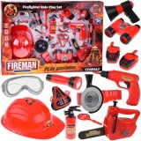 zestaw strażaka z czerwonym kaskiem i piłą na białym tle