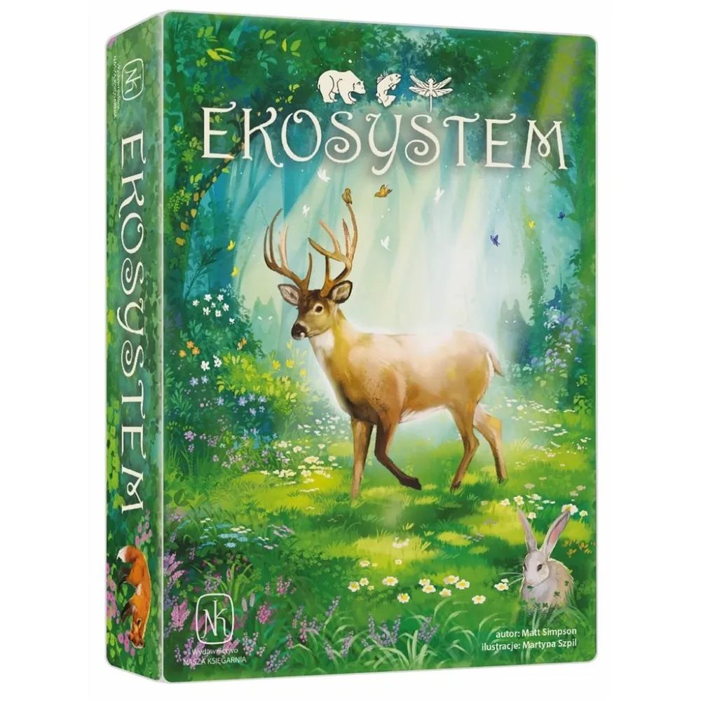 Ekosystem – pudełko gry planszowej z ilustracjami przyrody na okładce