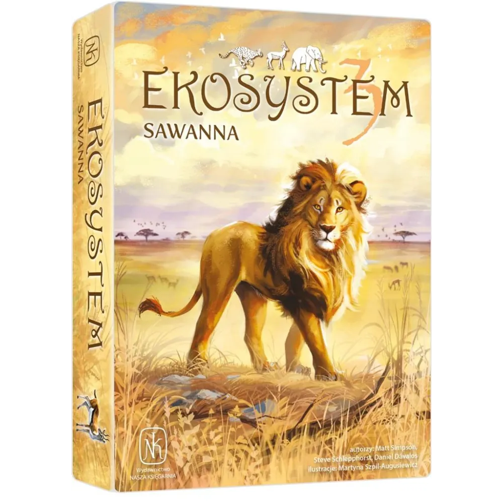 Pudełko gry planszowej Ekosystem 3 Sawanna z ilustracją fauny sawanny