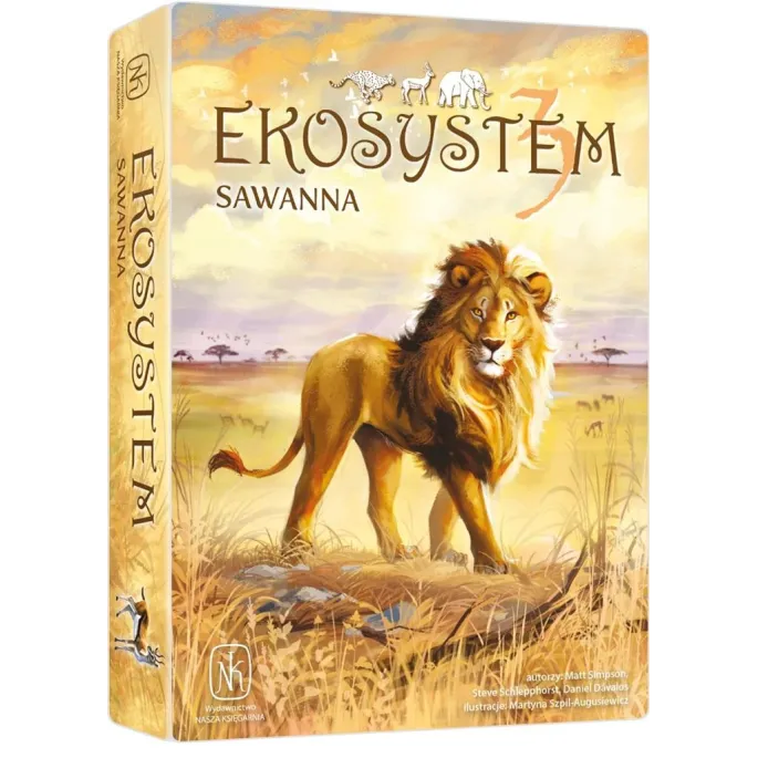 Pudełko gry planszowej Ekosystem 3 Sawanna z ilustracją fauny sawanny