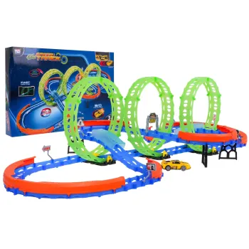 Ekstremalny Tor Wyścigowy dla dzieci 3+ Części konstrukcyjne 74 el. + Autko z LED + Pętle 360