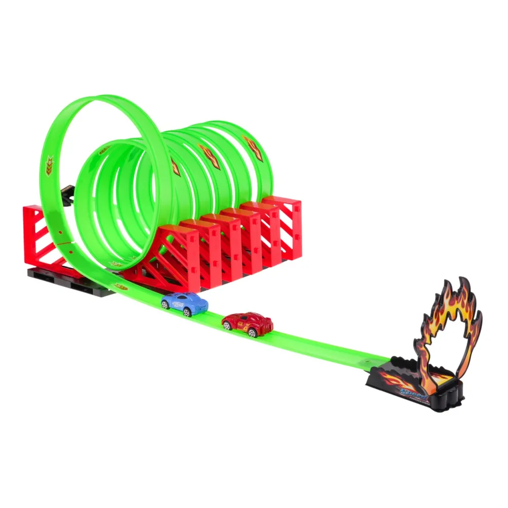 kolorowe elementy toru wyścigowego oraz kompaktowe opakowanie zestawu