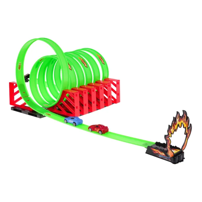 kolorowe elementy toru wyścigowego oraz kompaktowe opakowanie zestawu