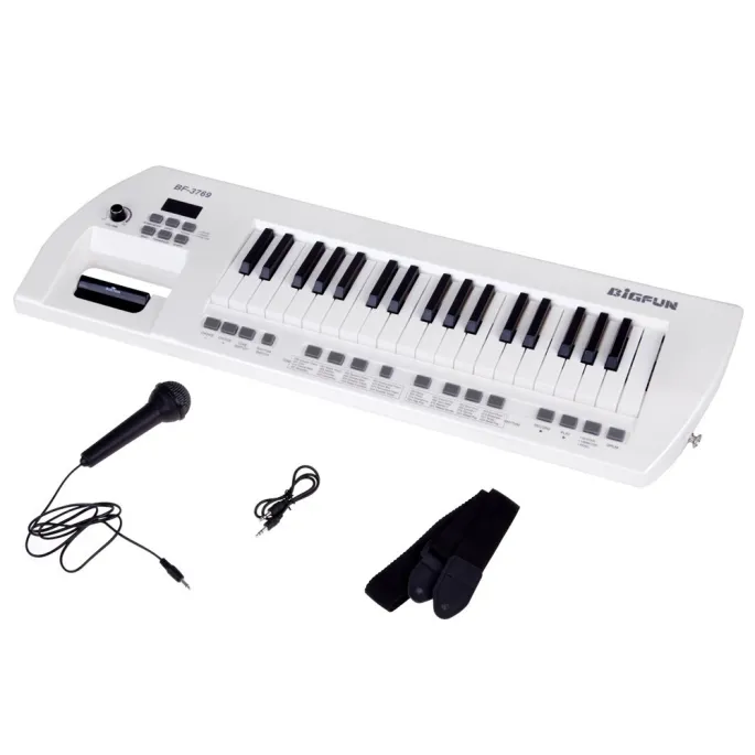 pianino dziecięce z panelem funkcyjnym i mikrofonem na statywie