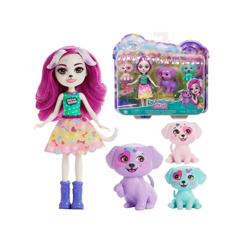 Lalka Dessa Dalmatian w różowej spódniczce i fioletowych włosach