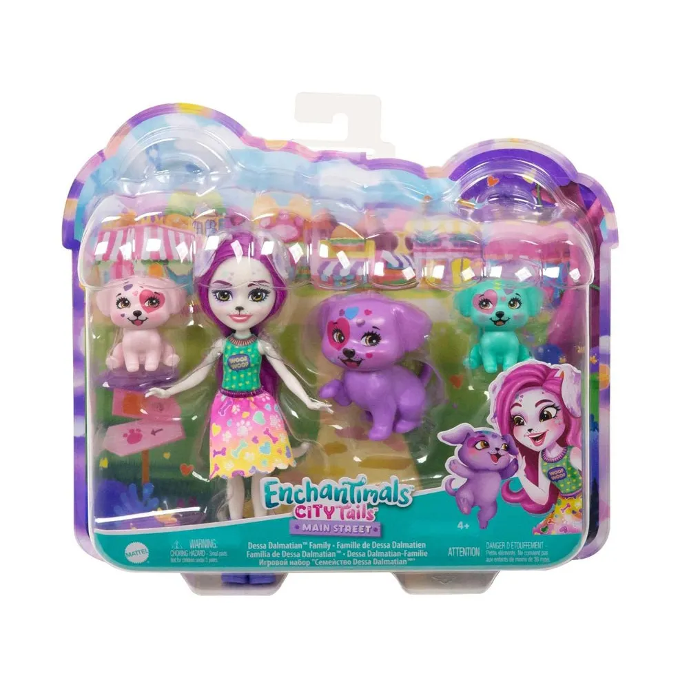 Zestaw Enchantimals prezentujący lalkę i pieski na wspólnej scenie zabawy