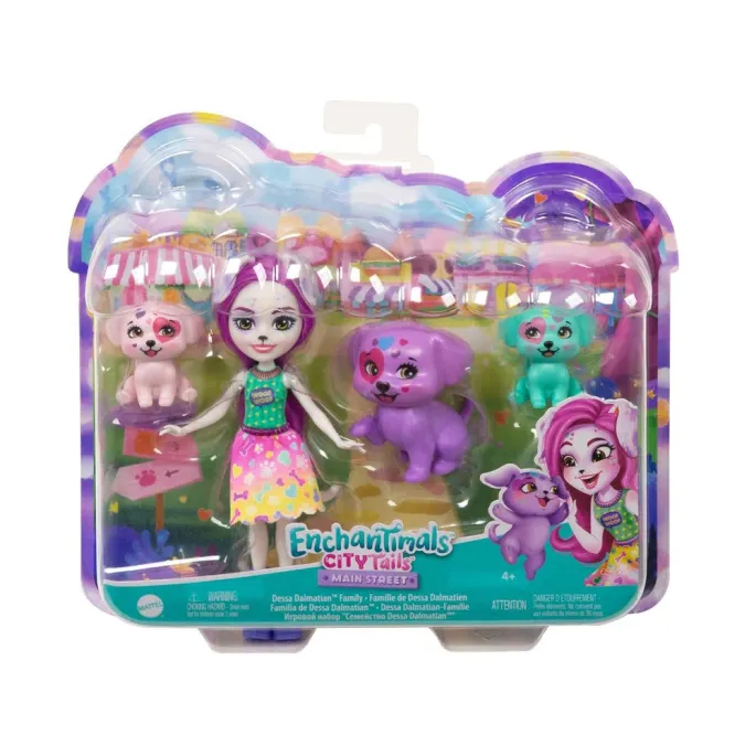 Zestaw Enchantimals prezentujący lalkę i pieski na wspólnej scenie zabawy