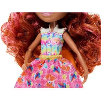 Uśmiechnięta Filigree Fox z przyjaciółmi na tle kolorowych akcesoriów