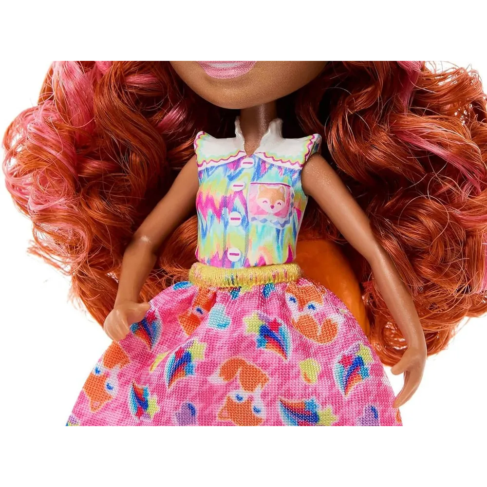 Uśmiechnięta Filigree Fox z przyjaciółmi na tle kolorowych akcesoriów