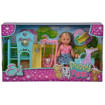 lalka Evi bawiąca się ze szczeniakami na placu zabaw z huśtawką