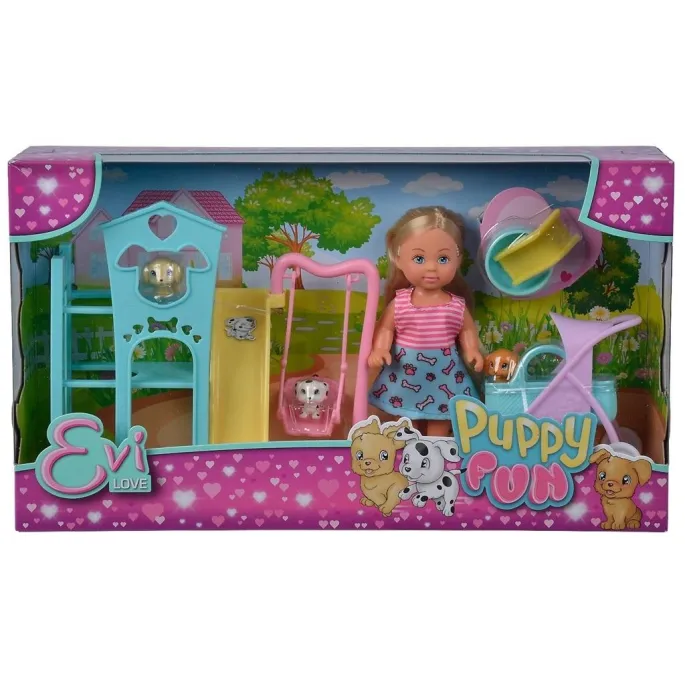 lalka Evi bawiąca się ze szczeniakami na placu zabaw z huśtawką