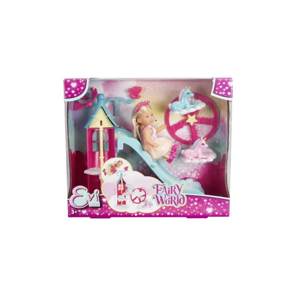 Lalka Evi Świat wróżki z dwoma jednorożcami na tle kolorowej scenografii