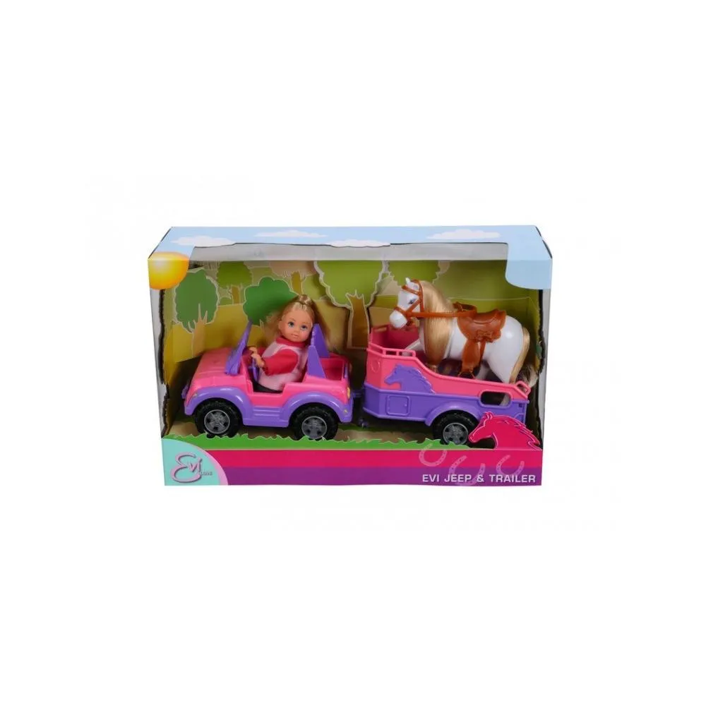 Evi w jeepie z przyczepką i koniem podczas zabawy