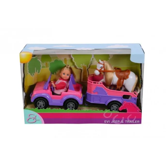Evi w jeepie z przyczepką i koniem podczas zabawy