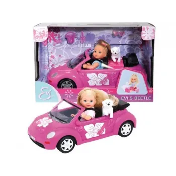 Lalka Evi z samochodem New Beetle, koszykiem i pieskiem na tle akcesoriów