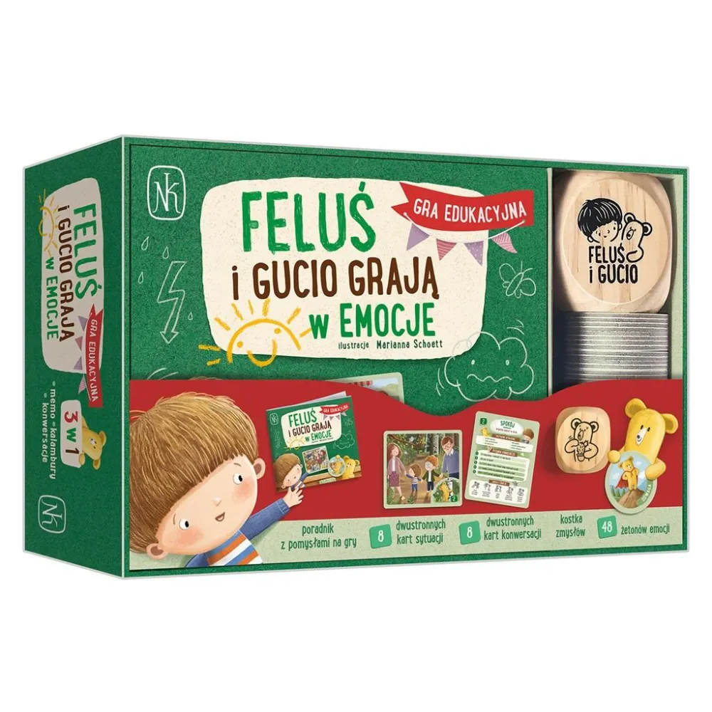 Gra planszowa Feluś i Gucio grają w emocje z ilustracjami uczuć na kartach