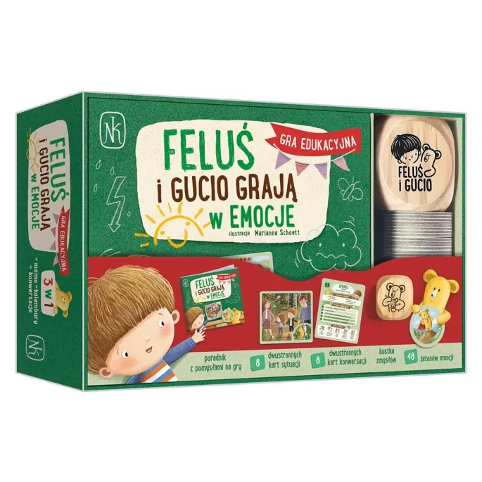 Gra planszowa Feluś i Gucio grają w emocje z ilustracjami uczuć na kartach
