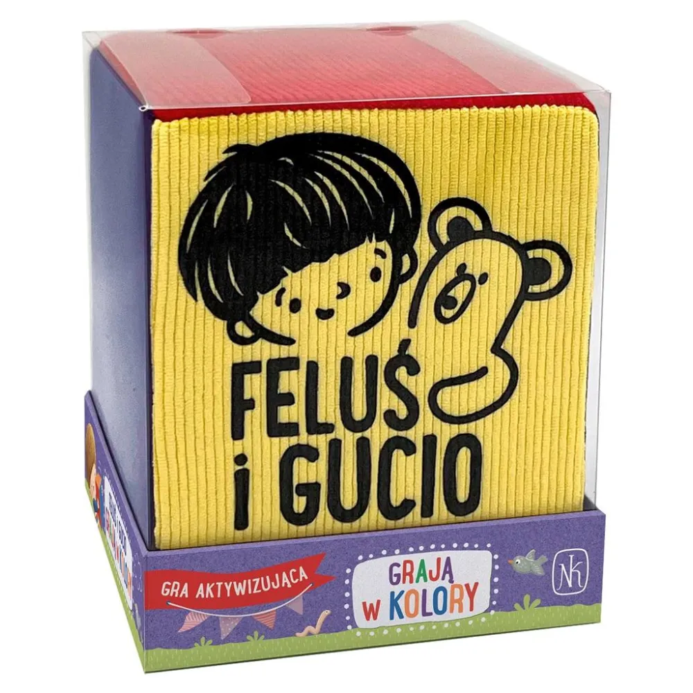 Kolorowe elementy gry Feluś i Gucio grają w kolory rozłożone na podłodze