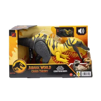 Dinozaur Ceratosuchops ustawiony obok aplikacji mobilnej na ekranie