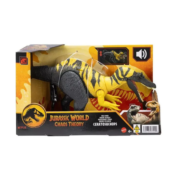 Dinozaur Ceratosuchops ustawiony obok aplikacji mobilnej na ekranie