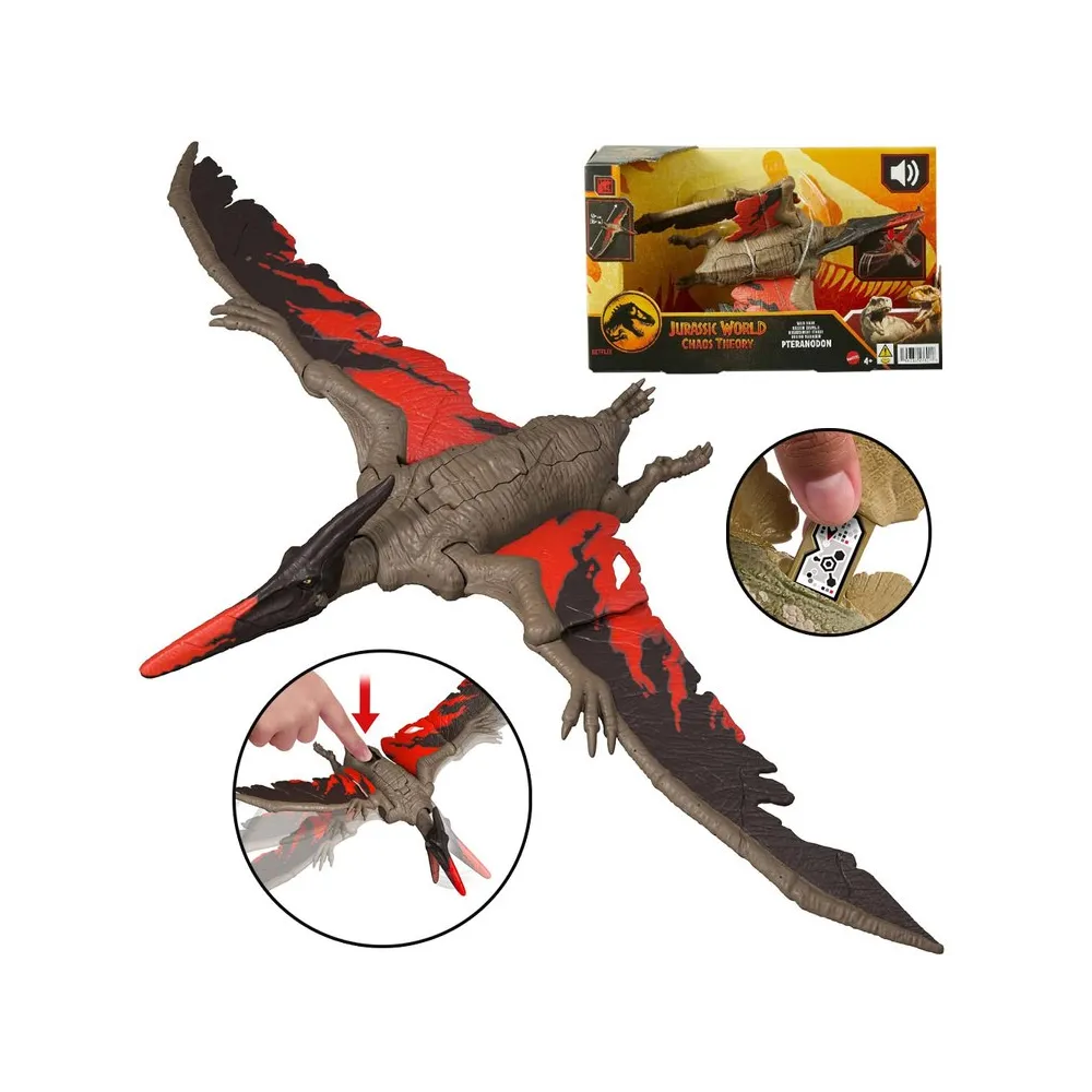 figurka pteranodona na tle kolorowego opakowania