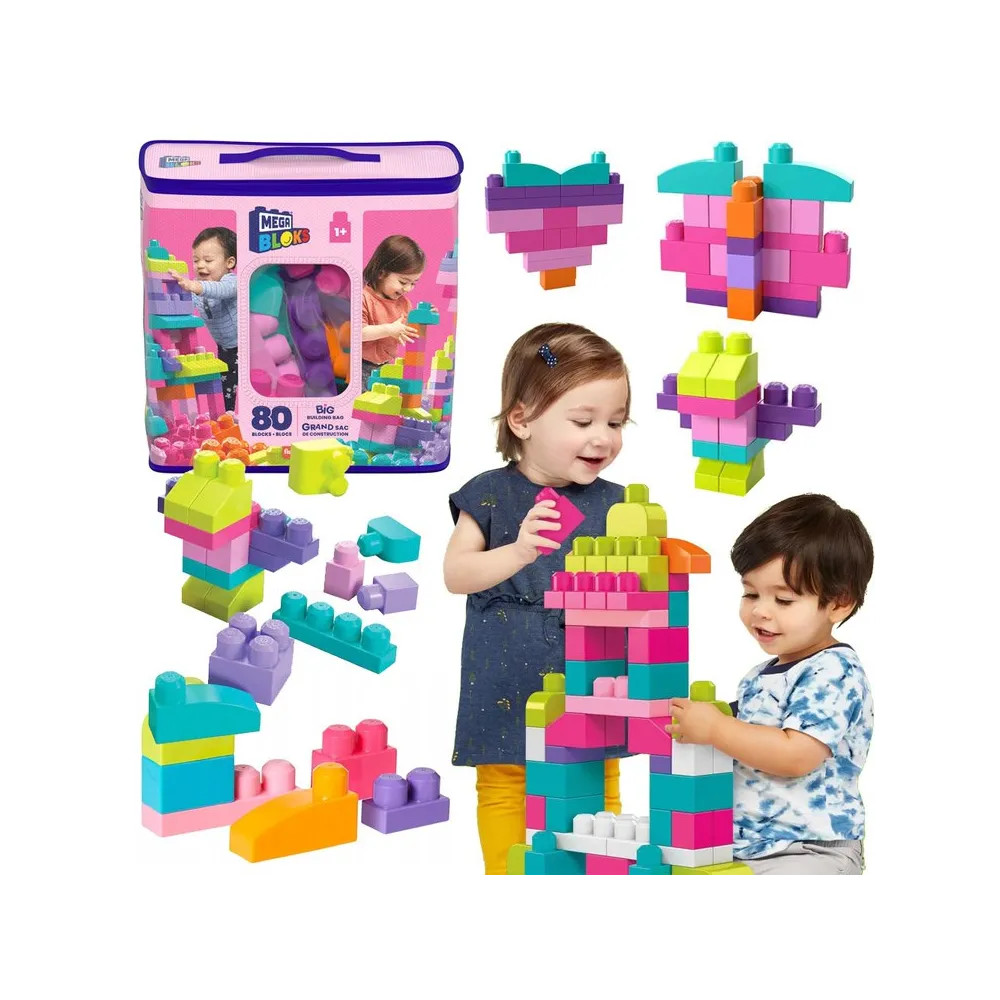 Kolorowe duże klocki Mega Bloks rozłożone na białym tle