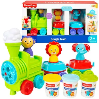 Kolorowy pociąg Fisher Price z masą plastyczną na białym tle