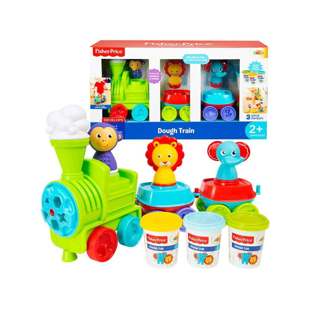 Kolorowy pociąg Fisher Price z masą plastyczną na białym tle