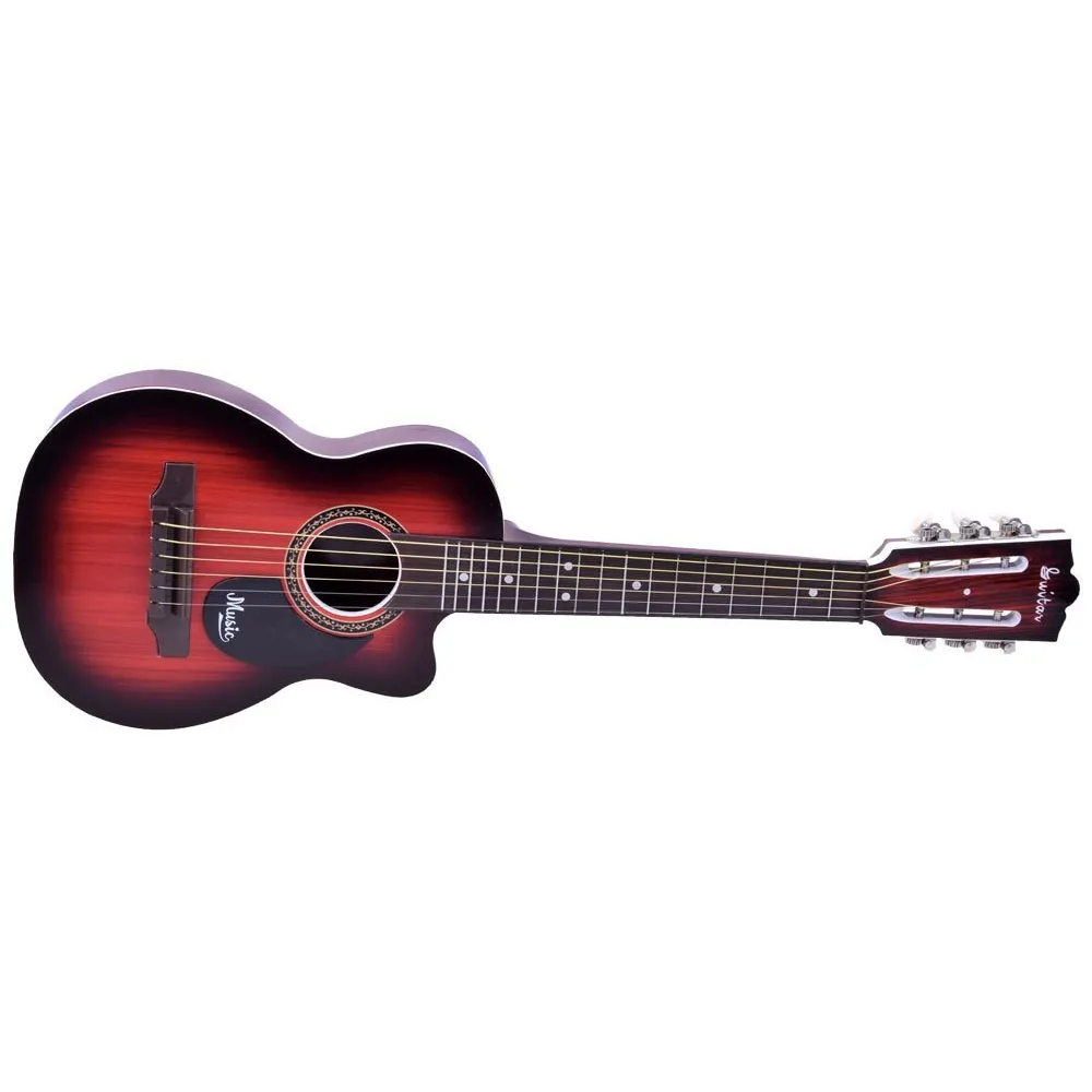 Detail plastikowej gitary z metalowymi strunami