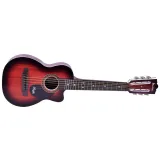 Detail plastikowej gitary z metalowymi strunami