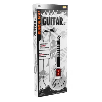 dziecko śpiewające do mikrofonu z gitarą elektryczną