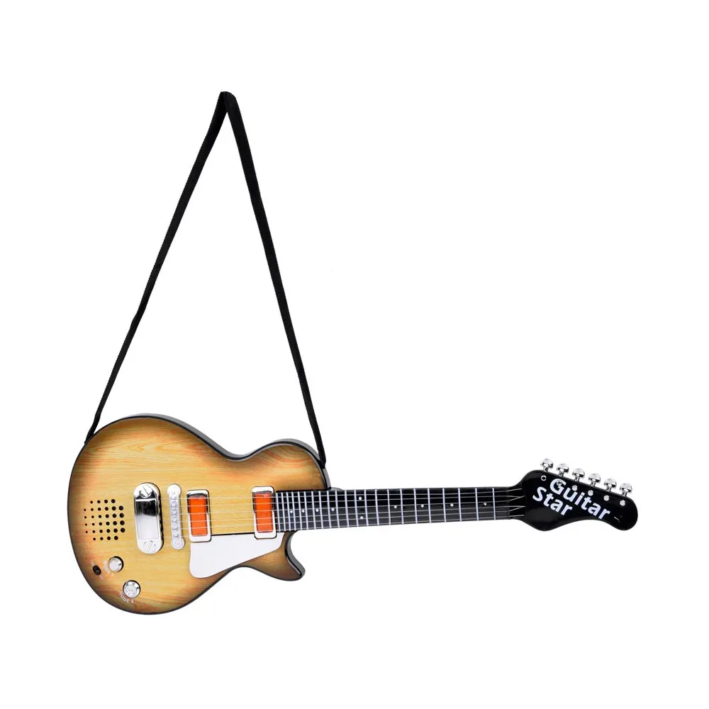 Widok kolorowej zabawkowej gitary elektrycznej na białym tle