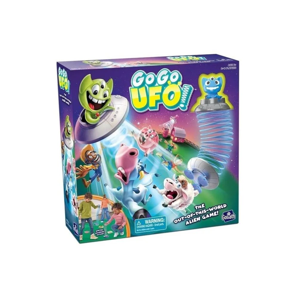 pudełko gry Go Go UFO z kolorowymi elementami planszowymi