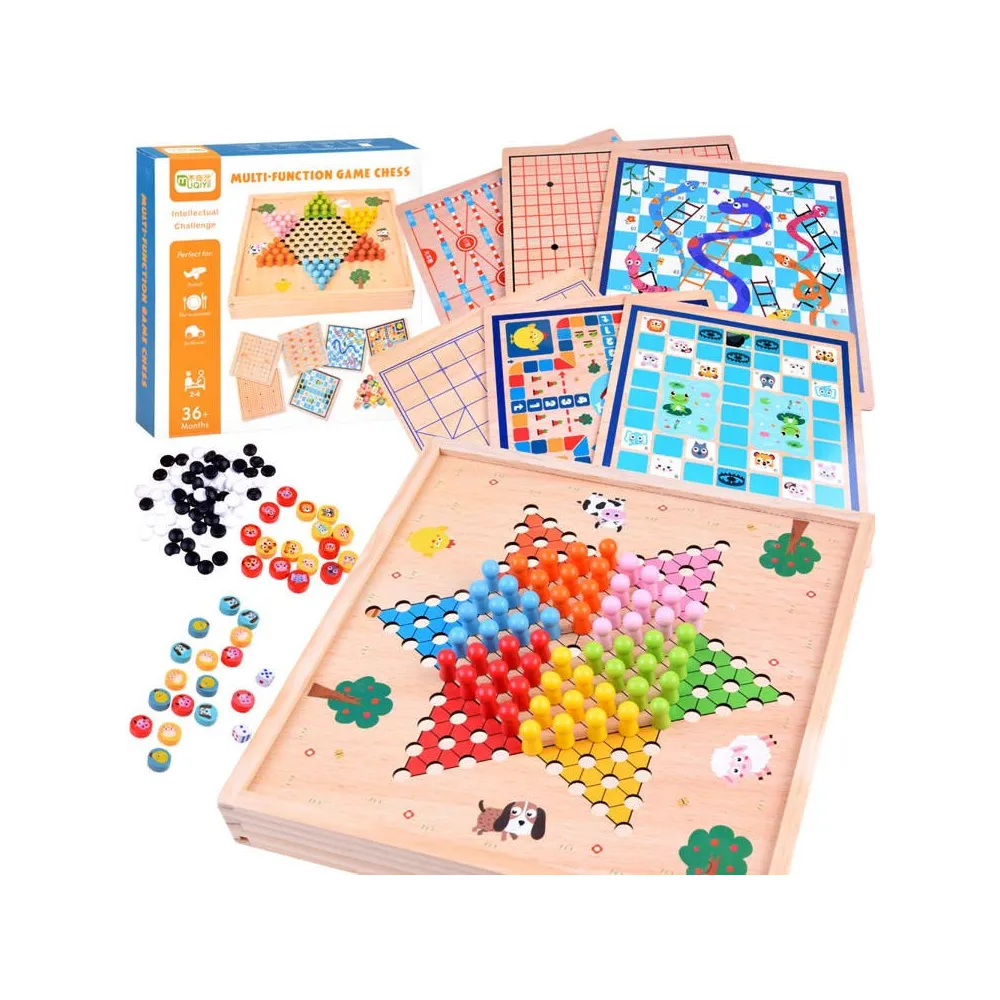 zestaw 8w1 z różnymi grami planszowymi na drewnianej podstawie