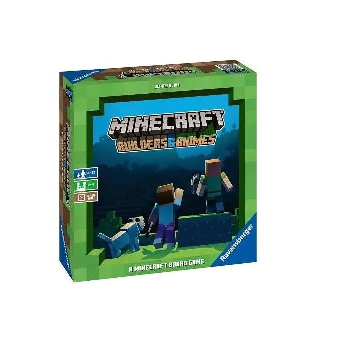 Gra planszowa Minecraft z kolorowymi blokami i kartami na stole