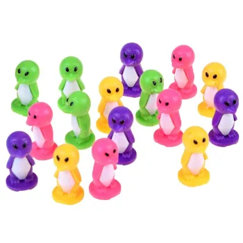 16 kolorowych figurek pingwinów na górze lodowej