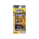 Zestaw policyjnych pojazdów Tonka z pachołkami na tle kartonowego pudełka