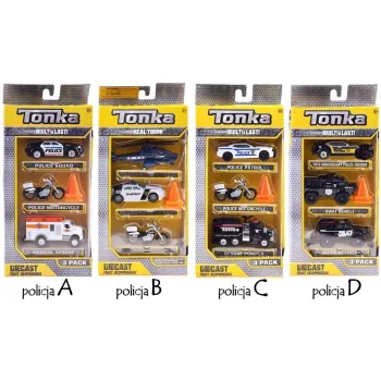 Komplet trzech policyjnych pojazdów metalowych Tonka w różnych konfiguracjach