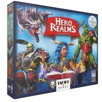 Pudełko gry karcianej Hero Realms IUVI Games na tle elementów gry