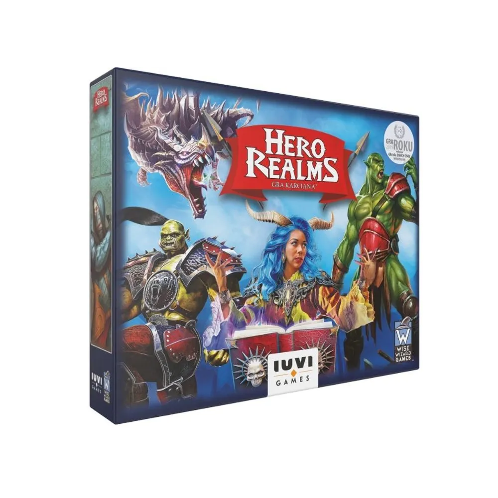 Pudełko gry karcianej Hero Realms IUVI Games na tle elementów gry