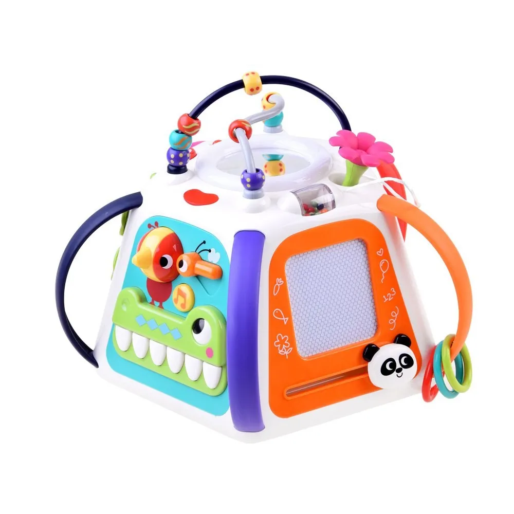 widok z przodu kostki z kolorowymi ilustracjami i przyciskami