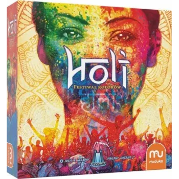 Trójwymiarowa plansza i elementy gry Holi Festiwal kolorów na tle kolorowych ilustracji