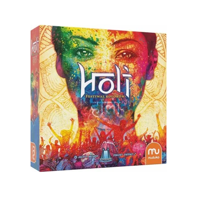 Trójwymiarowa plansza i elementy gry Holi Festiwal kolorów na tle kolorowych ilustracji